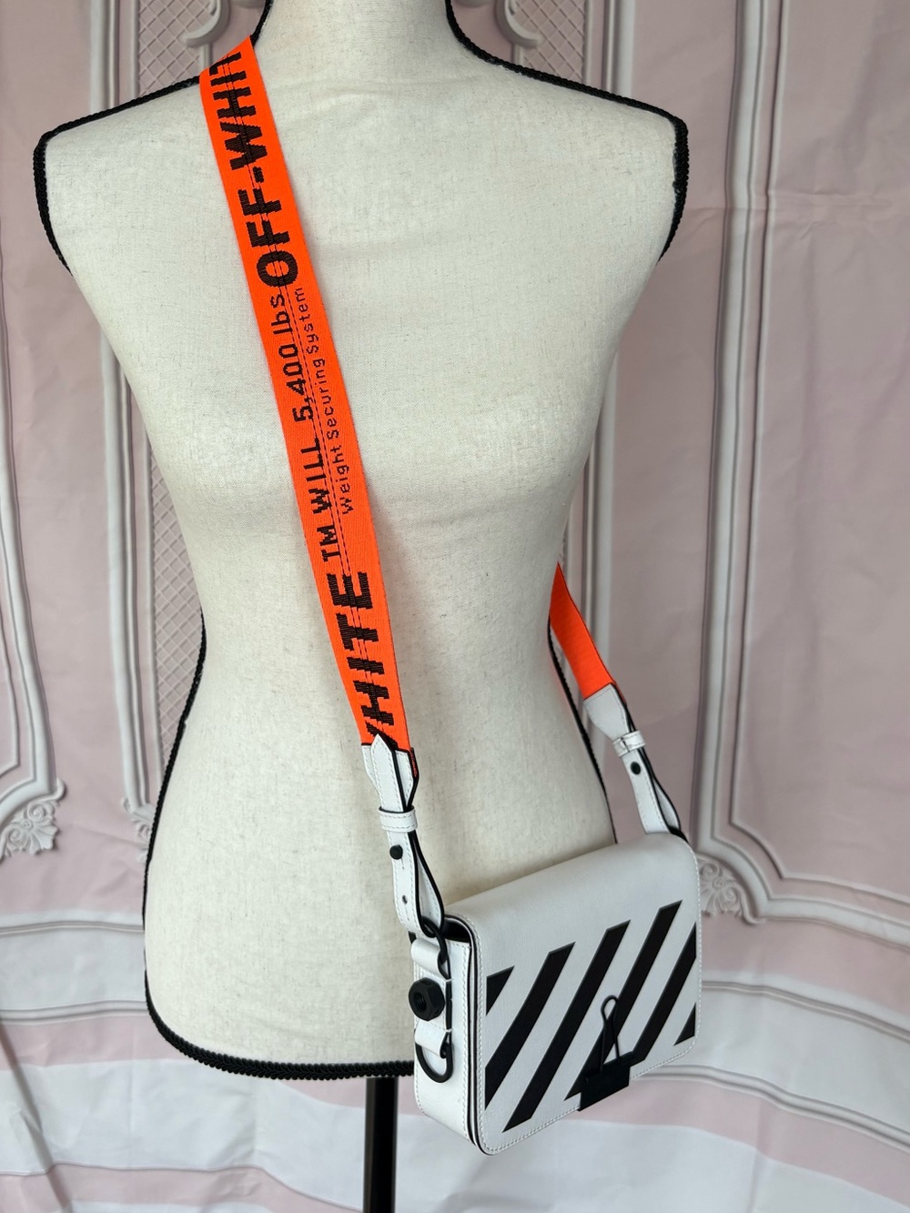 Off-White White and Black Diagonal Stripe Crossbody with Neon Orange Strap - Picture 4 of 7